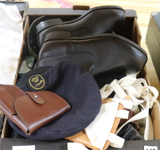 A collection of mixed Military accessories, boots, hat, belts etc